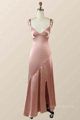 Prom Dresses With Long Sleeves, Blush Pink Silk Sheath Long Bridesmaid Dress with Slit