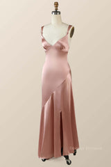 Prom Dress Casual, Blush Pink Silk Sheath Long Bridesmaid Dress with Slit