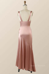 Prom Dresses Sale, Blush Pink Silk Sheath Long Bridesmaid Dress with Slit