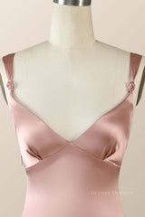 Prom Dress Sales, Blush Pink Silk Sheath Long Bridesmaid Dress with Slit