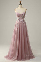 Evening Dresses Store, Blush Pink Strapless Sweetheart Appliques A-line Long Prom Dress