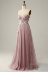 Evening Dresses Short, Blush Pink Strapless Sweetheart Appliques A-line Long Prom Dress