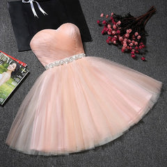 Bridesmaids Dress Gold, Blush Pink Tulle Strapless Sweetheart Neck Short Prom Dresses,Mini Homecoming Dress