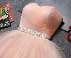 Bridesmaid Dresses Tulle, Blush Pink Tulle Strapless Sweetheart Neck Short Prom Dresses,Mini Homecoming Dress