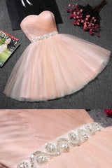 Bridesmaid Dress Gold, Blush Pink Tulle Strapless Sweetheart Neck Short Prom Dresses,Mini Homecoming Dress