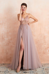 Party Dresses For Short Ladies, Spaghetti Straps V-neck Sheer Top Tulle Long Prom Dresses with Side Slit