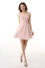 Prom Dress Colorful, Blushing Pink Sweetheart Beaded A-line Short Homecoming Dresses