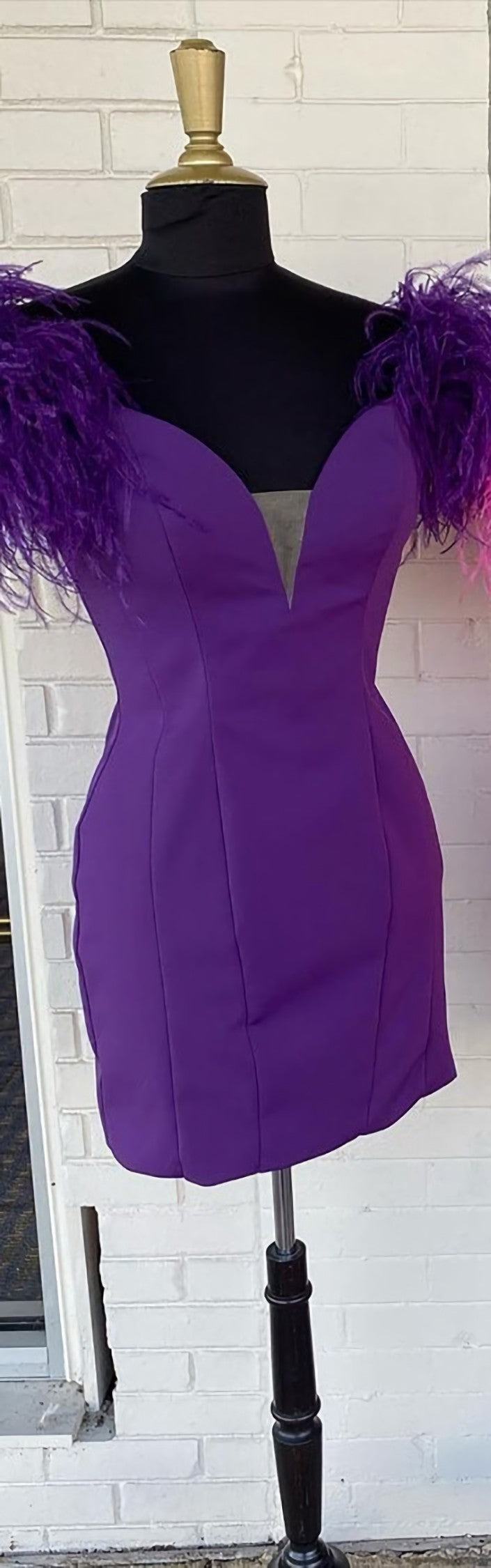 Casual Dress, Bodycon Deep V Neck Purple Short Homecoming Dress with Feather