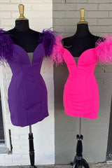 Party Dress Baby, Bodycon Deep V Neck Purple Short Homecoming Dress with Feather