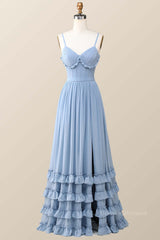 Gold Prom Dress, Boho Style Dusty Blue Ruffles Long Bridesmaid Dress
