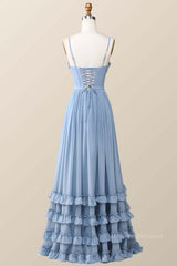 Prom Dress For Kids, Boho Style Dusty Blue Ruffles Long Bridesmaid Dress