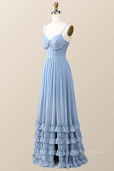 Dream, Boho Style Dusty Blue Ruffles Long Bridesmaid Dress