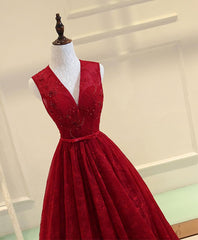 Prom Dress Shorts, Burgundy V Neck Lace Long Prom Dress, Burgundy Evening Dress