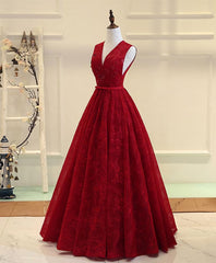 Prom Dresses For Short People, Burgundy V Neck Lace Long Prom Dress, Burgundy Evening Dress