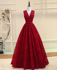Prom Dresses Pieces, Burgundy V Neck Lace Long Prom Dress, Burgundy Evening Dress