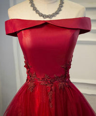 Formal Dresses For Teen, Burgundy Lace Tulle Long Prom Dress, Off Shoulder Evening Dress