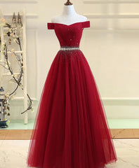 Formal Dresses Long Gowns, Burgundy Tulle Off Shoulder Long Prom Dress, Burgundy Evening Dress