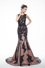 Prom Dress Fairy, Brown And Black Memraid Appliques Backless Prom Dresses With Sash