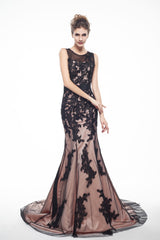 Prom Dress Styling Hair, Brown And Black Memraid Appliques Backless Prom Dresses With Sash