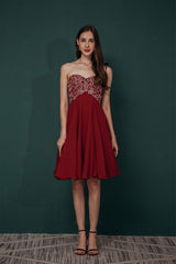 Prom Dresses Colorful, A-line Embroidery Chiffon Short Strapless Corset Back Beaded Homecoming Dresses