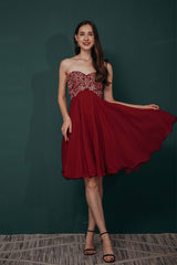 Prom Dress Color, A-line Embroidery Chiffon Short Strapless Corset Back Beaded Homecoming Dresses