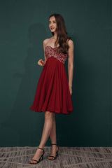 Prom Dresses Colors, A-line Embroidery Chiffon Short Strapless Corset Back Beaded Homecoming Dresses
