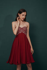 Prom Dress Colorful, A-line Embroidery Chiffon Short Strapless Corset Back Beaded Homecoming Dresses