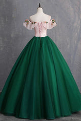 Prom Dresses 2033 Black, Green Off the Shoulder Floor Length Prom Dress with Appliques, Puffy Quinceanera Dress