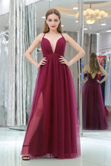 Prom Pictures, Burgundy A Line Floor Length Deep V Neck Sleeveless Side Slit Prom Dresses