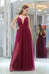 27 Th Grade Dance Dress, Burgundy A Line Floor Length Deep V Neck Sleeveless Side Slit Prom Dresses