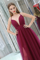 Pink Formal Dress, Burgundy A Line Floor Length Deep V Neck Sleeveless Side Slit Prom Dresses
