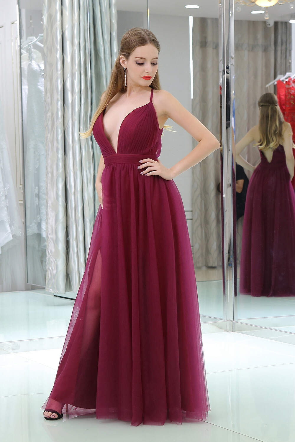Dark Red Dress, Burgundy A Line Floor Length Deep V Neck Sleeveless Side Slit Prom Dresses