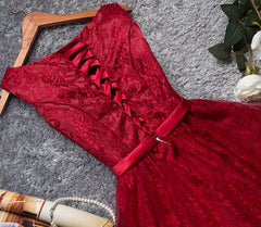 Homecoming Dress Fitted, Burgundy A Line Lace Short Prom Dress, Burgundy Evening Dress
