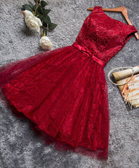 Homecomming Dresses Red, Burgundy A Line Lace Short Prom Dress, Burgundy Evening Dress