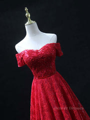 Prom Dress Boho, Burgundy A line lace tulle beads long prom dress, burgundy bridesmaid dress