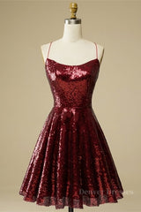 Black Tie Wedding Guest Dress, Burgundy A-line Lace-Up Back Sequins Mini Homecoming Dress