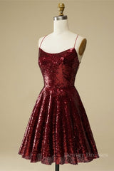 Ethereal Dress, Burgundy A-line Lace-Up Back Sequins Mini Homecoming Dress