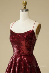 Chiffon Dress, Burgundy A-line Lace-Up Back Sequins Mini Homecoming Dress