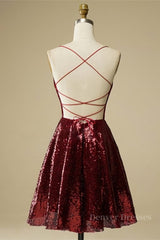 Navy Blue Dress, Burgundy A-line Lace-Up Back Sequins Mini Homecoming Dress