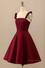 Homecoming Dress Pockets, Burgundy A-line Ruffle Straps Satin Mini Homecoming Dress