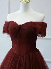 Classy Dress Outfit, Burgundy A line Tulle Long Prom Dresses, Burgundy Long Bridesmaid Dresses
