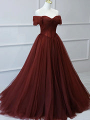 Party Dress For Couple, Burgundy A line Tulle Long Prom Dresses, Burgundy Long Bridesmaid Dresses