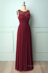 Party Dresses For 47 Year Olds, Burgundy Chiffon Long Bridesmaid Dress with Lace Top