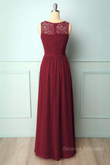 Prom Dress 2058, Burgundy Chiffon Long Bridesmaid Dress with Lace Top