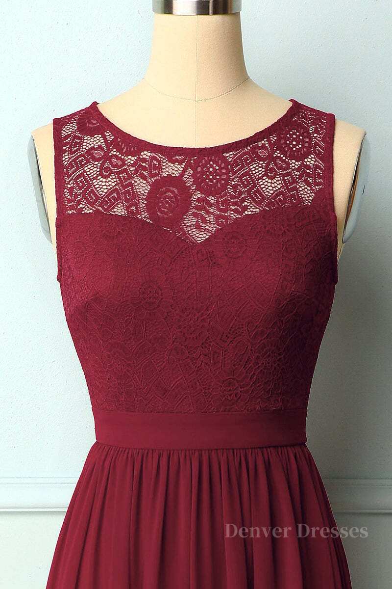 Party Dresses Jumpsuits, Burgundy Chiffon Long Bridesmaid Dress with Lace Top