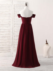Engagement Dress, Burgundy Chiffon Off Shoulder Long Prom Dress Burgundy Bridesmaid Dress