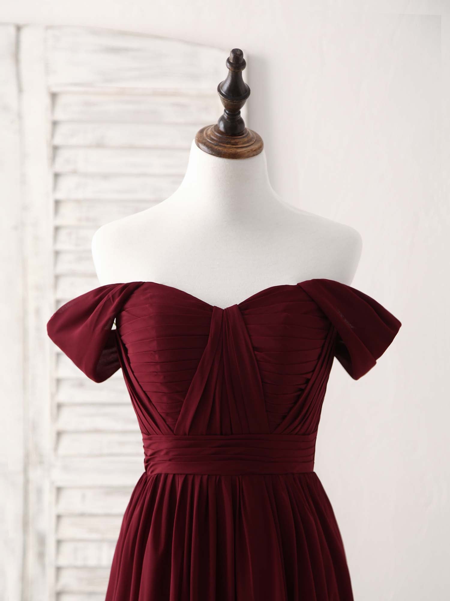 Dress Design, Burgundy Chiffon Off Shoulder Long Prom Dress Burgundy Bridesmaid Dress