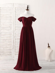 Evening Dresses Velvet, Burgundy Chiffon Off Shoulder Long Prom Dress Burgundy Bridesmaid Dress