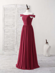 Evening Dress Shop, Burgundy Chiffon Off Shoulder Long Prom Dress Burgundy Bridesmaid Dress