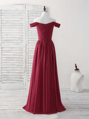 Evening Dress Ideas, Burgundy Chiffon Off Shoulder Long Prom Dress Burgundy Bridesmaid Dress